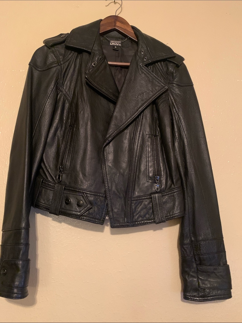 DKNY Black 100% Leather Asymmetrical Zip Moto Jacket (S)